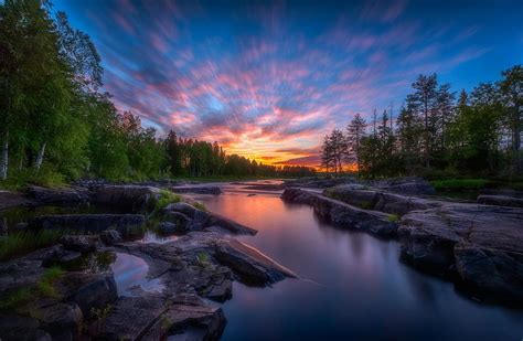 1080p Free Download Sunrise Over Forest River Rocks Trees Clouds
