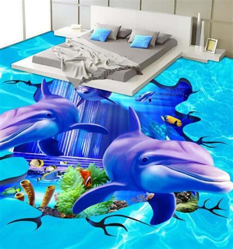 3d Ocean Dolphins Floor Mural Aj Wallpaper