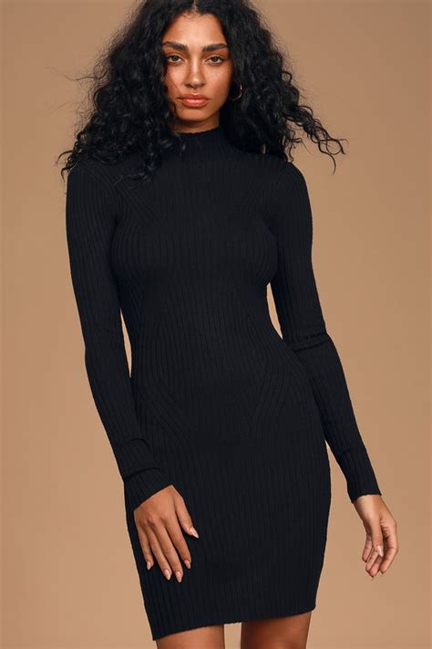 Cute Black Dress Sweater Dress Mock Neck Bodycon Lulus