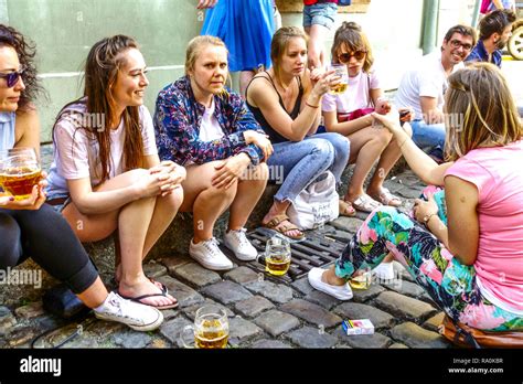 Prague People Women Drinking Beer Women Outside A Bar Enjoying Life