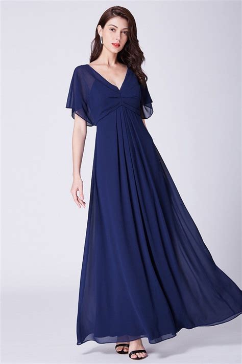 Navy Blue Simple Chiffon Formal Bridesmaid Dress With Bat Sleeves 61 Ep07421nb