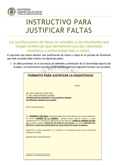 Justificación De Faltas Universidad Agraria Del Ecuador