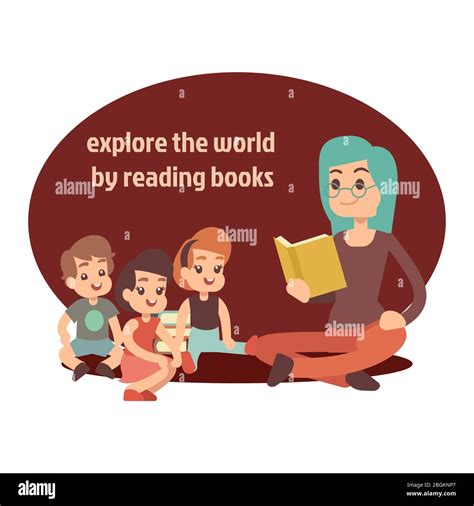 Young Teacher And Happy Kids Reading Book Explore The World By Reading