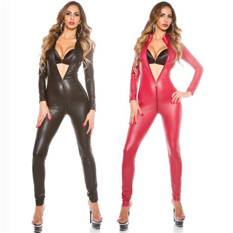 Plus Size 2xl Faux Leather Wetlook Sexy Lingerie Hot Catsuit Women Full Body Pantyhose Long