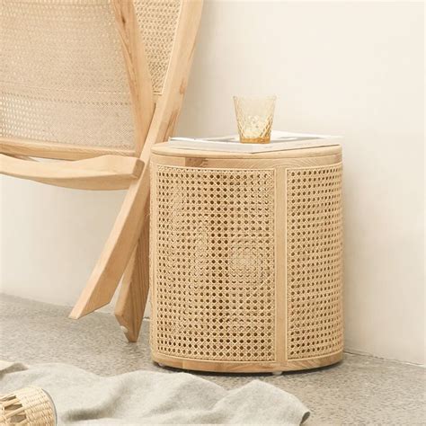 Japandi Round End Table With Storage Rattan Side Table Rattan Side