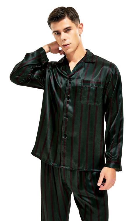 Mens Silk Satin Pajama Set Long Sleeve Green And Burgundy Striped