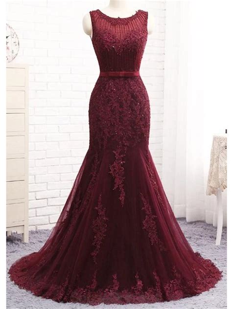 Scoop Maroon Lace Beaded Mermaid Long Evening Prom Dresses Evening Pa