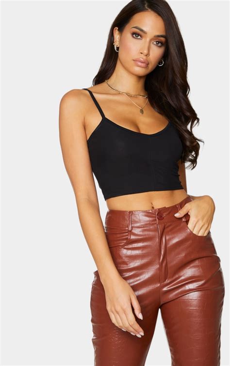 Black Strappy Mesh Sleeveless Crop Top Tops Prettylittlething