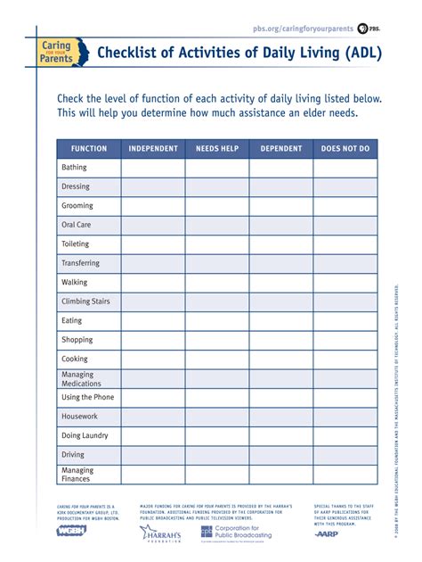 Printable Adl Checklist