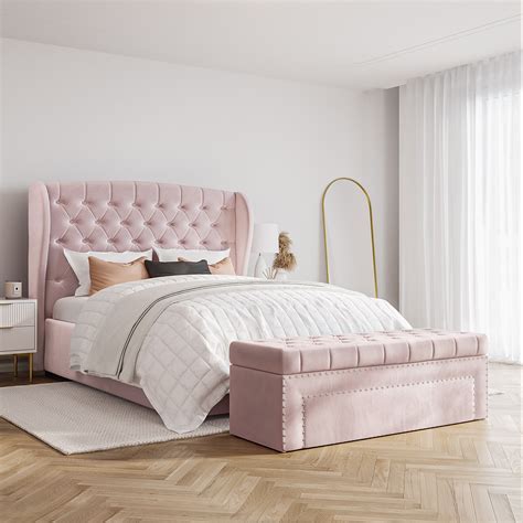 Blush Pink Velvet King Size Ottoman Bed With Chesterfield Headboard