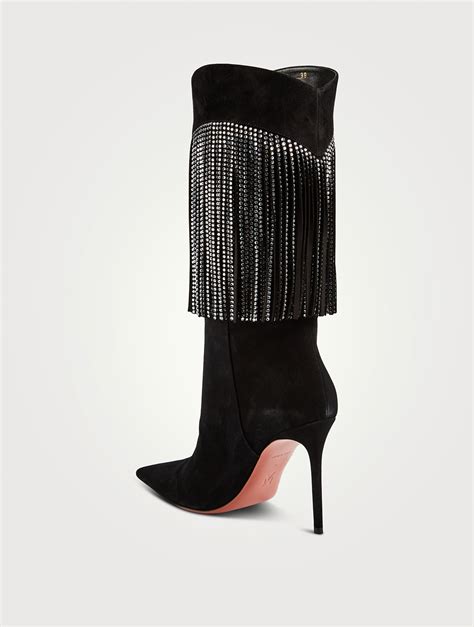 Amina Muaddi Lily Suede Knee High Boots With Crystal Fringe Holt Renfrew Canada