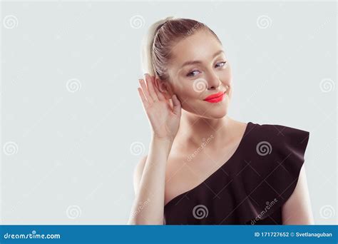 Eavesdropping Closeup Portrait Happy Nosy Woman Hand To Ear Gesture