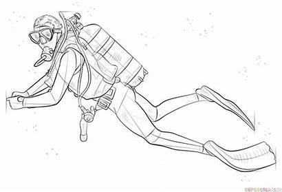 Scuba Diver Drawing Draw Diving Step Coloring