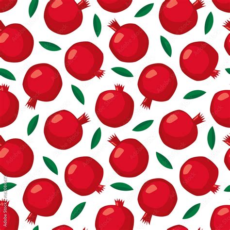 Pomegranate Seamless Pattern With Green Leaves On White Background