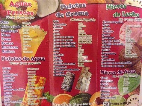 Paletas de agua y leche. Ice Cream La Michoacana Menu