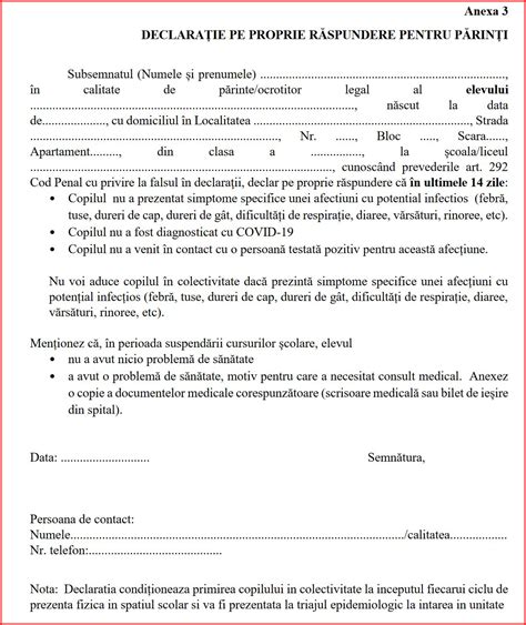 Declaratie Pe Proprie Raspundere Pentru Parinti Model Word PDF Sau Excel