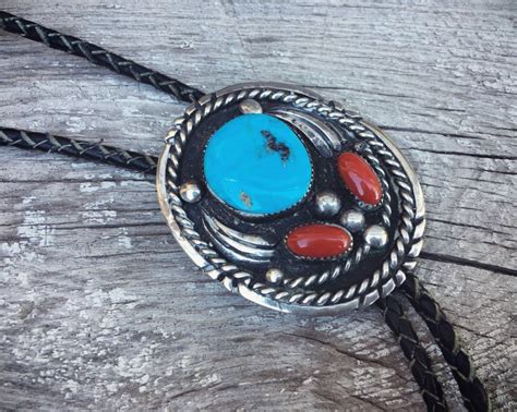 Vintage Turquoise Silver Bolo Tie For Men Authentic Turquoise And Coral Western Tie Old Pawn