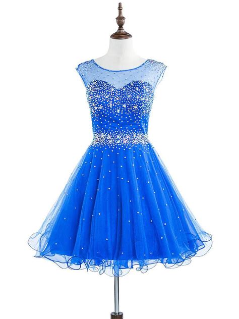 Royal Blue Scoop Neck Tulle Beading Short Mini Prom Dresses