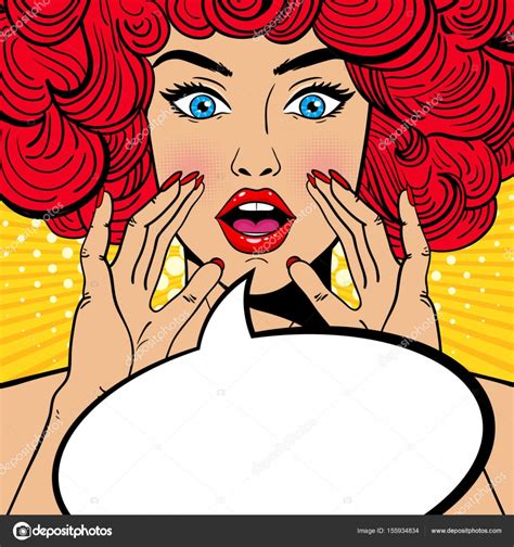 Sexy Surprised Pop Art Woman With Open Mouth Red Curly Hair And Rising