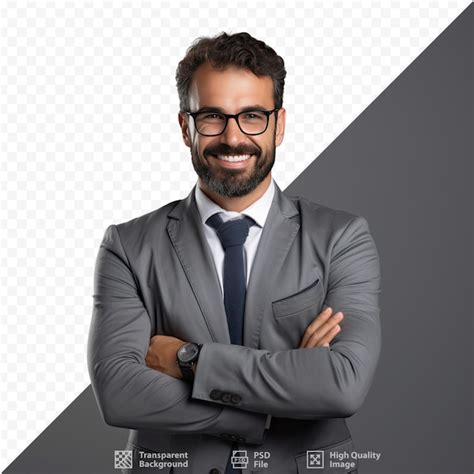 Premium Psd A Man With Glasses And A Gray Suit Stands In Front Of A Sign That Says The