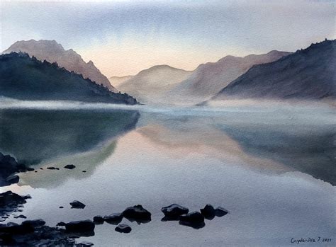 Mountain Lake Watercolor Painting Mountainscape Sunrise Etsy
