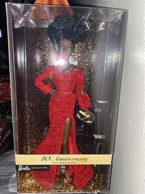Barbie Signature 40th Anniversary First Black Barbie Doll In Red Gown With Doll Stand And