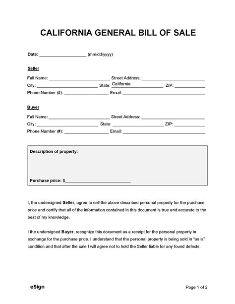 Free California General Bill Of Sale Form Pdf Word