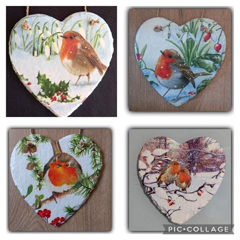 Large Hanging Slate Heart Decoupage Robin Garden Birds Home Decor