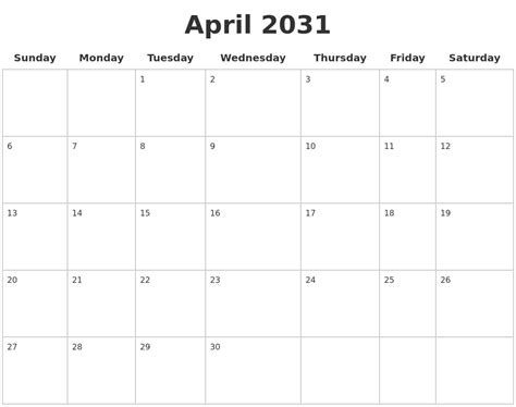 April 2031 Blank Calendar Pages