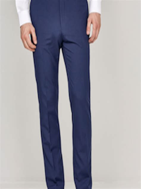 buy next men navy blue regular fit solid formal trousers trousers for men 7665857 myntra