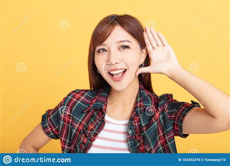 Young Asian Woman Hand Beside Ear To Listen Stock Photo Image Of