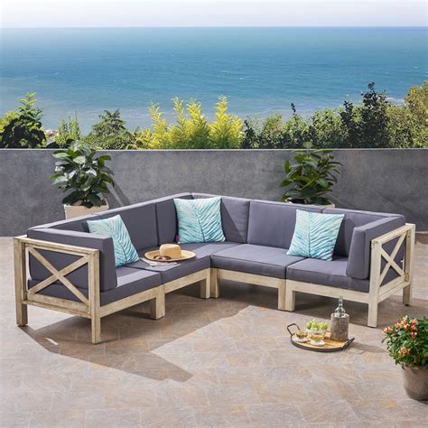 Elisha Outdoor 5 Piece Acacia Wood Sectional Sofa Set With Cushions