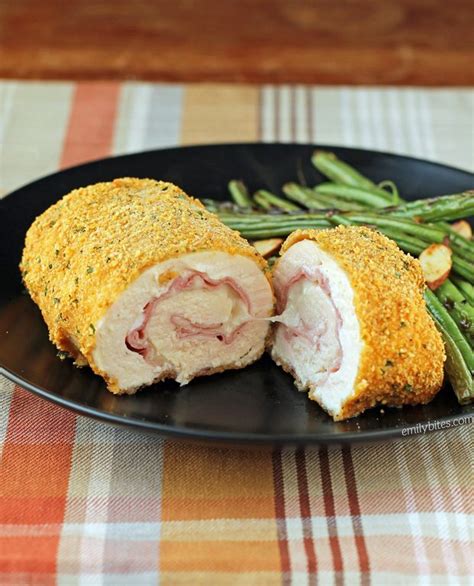 Chicken cordon bleu is usually stuffed with ham and swiss cheese, but you can use any cheese your family likes such as mozzarella or gruyere. Chicken Cordon Bleu - Emily Bites