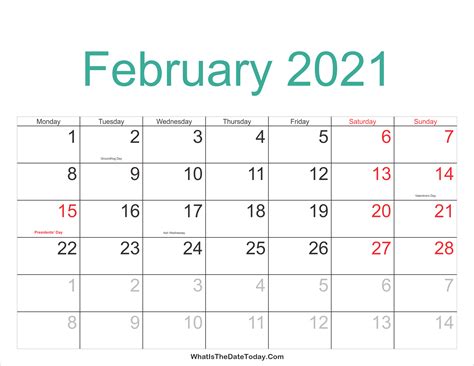 February 2021 Calendar Printable With Holidays Whatisthedatetodaycom