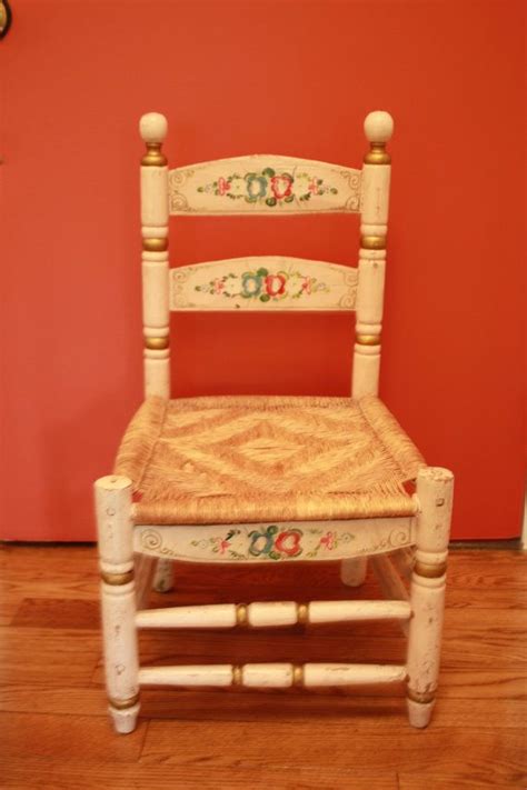 Childs Chair Folk Art Painted Wood And Rattan Seat Etsy Kids