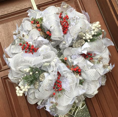 Deco Mesh Christmas Wreath White Silver By Whatsonyourdoor