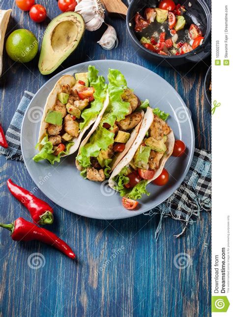 authentic mexican tacos  chicken  salsa  avocado tom stock image image  meat