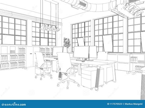 Interior Design Big Office Room With Desks Custom Drawing Stock