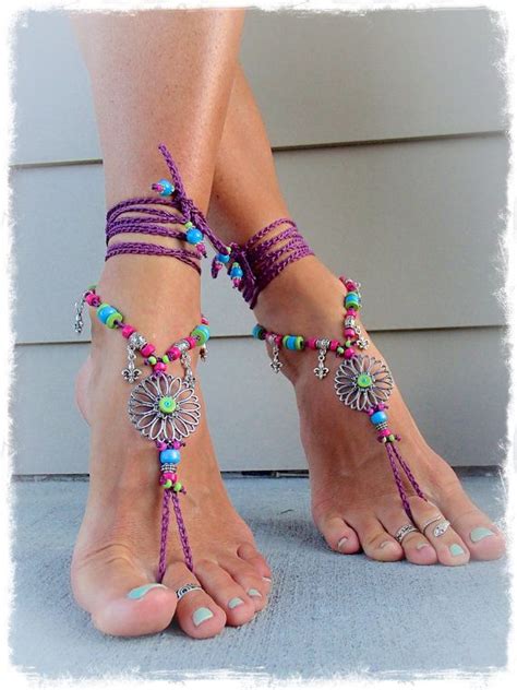 sunflower barefoot sandals hippie festival sandals flower toe thongs purple and blue statement