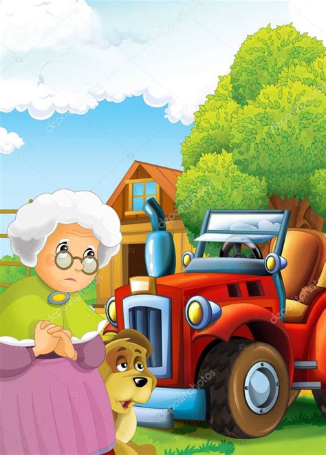 Cartoon Scene Happy Farmer Farm Tractor Background Village Illustration Children — Stock Photo 