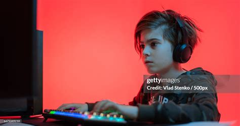 Computer Games Playing Place Young Gamer Plays Computer Games With High