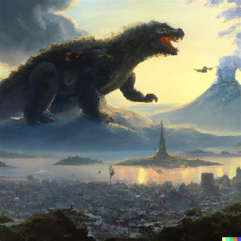 Godzilla Approaching Tokyo Incredibly Realistic Landscape Painting