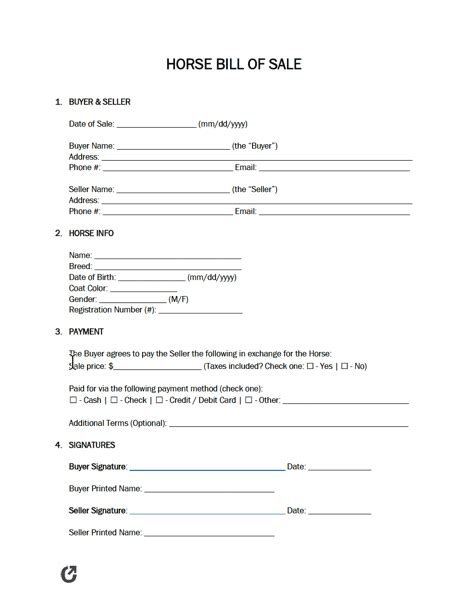 Free Horse Bill Of Sale Form Pdf Word Rtf