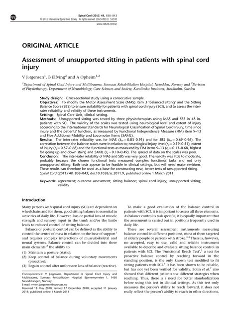 Pdf Assessment Of Unsupported Sitting In Patients With Spinal Cord Injury