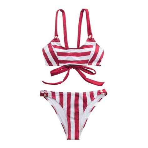 Parisandpearle Swim Yacht Club Red White Striped Buttoned Bikini Set