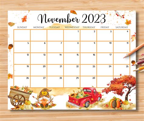 Editable November 2023 Calendar Beautiful Fall Autumn W Etsy Ireland