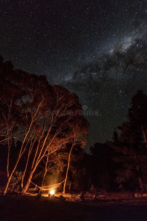 Campfire At Night With Milky Way In The Sky At Hill End Stock Image