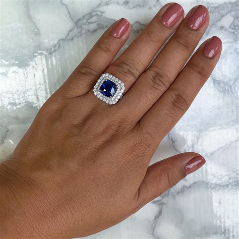 Ct Cushion Blue Sapphire Ring With Double Diamond Halo In K Whit