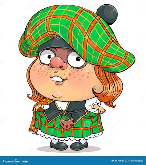 Funny Cartoon Character Girl In Scottish National Clothes Stock Vector