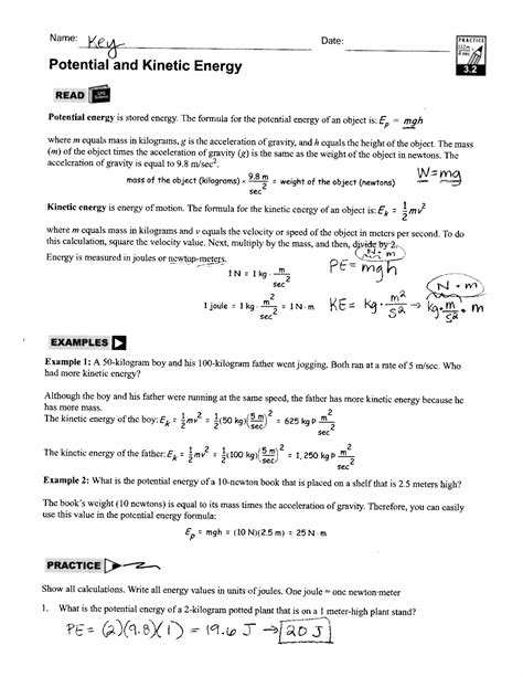 Kinetic And Potential Energy Worksheet Answer Key Pdf Kinetic